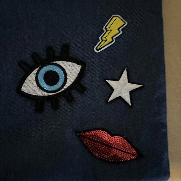 Clarins Denim Tote Bag w/ Eye & Lip Decorations 14x15 With Handles. Great Bag - Picture 2 of 5